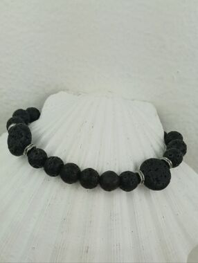 Black Lava Bead With Silver Spacer Accents Earthy Edgy Stretch Bracelet